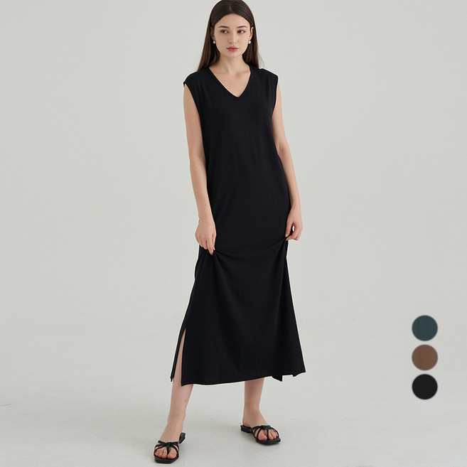 ELLE PARIS 찰랑 레이온 브이넥 민소매 슬림핏 롱 원피스