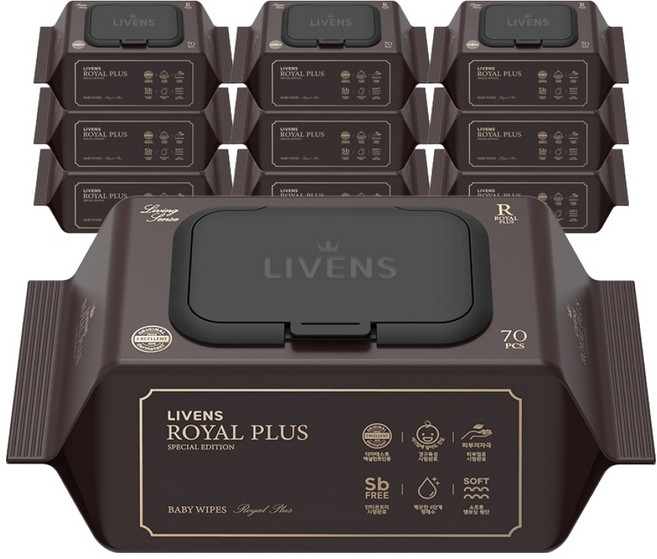 리벤스 로얄 플러스 아기 물티슈 엠보싱 캡형, 75g, 70매, 10개