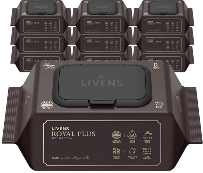 리벤스 로얄 플러스 아기 물티슈 엠보싱 캡형, 75g, 70매, 10개 - 쿠팡