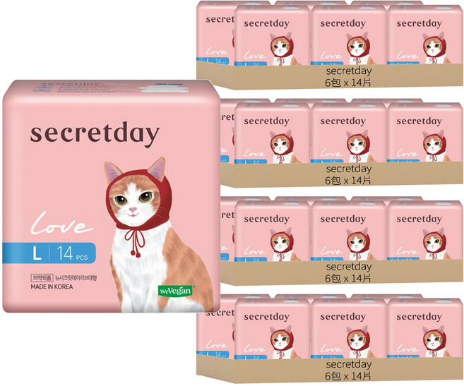secretday 韓國原裝進口 Love系列 蝶翼衛生棉, L(29cm), 14片, 24包