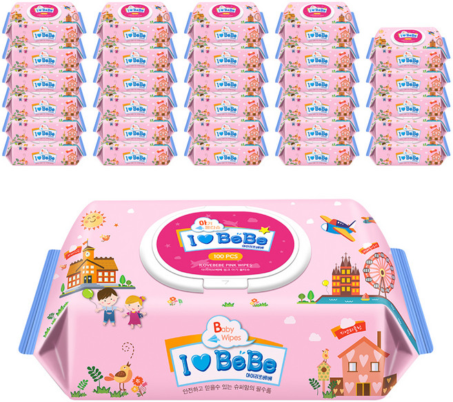 아이러브베베 핑크 물티슈 캡형, 43g, 100개입, 30개