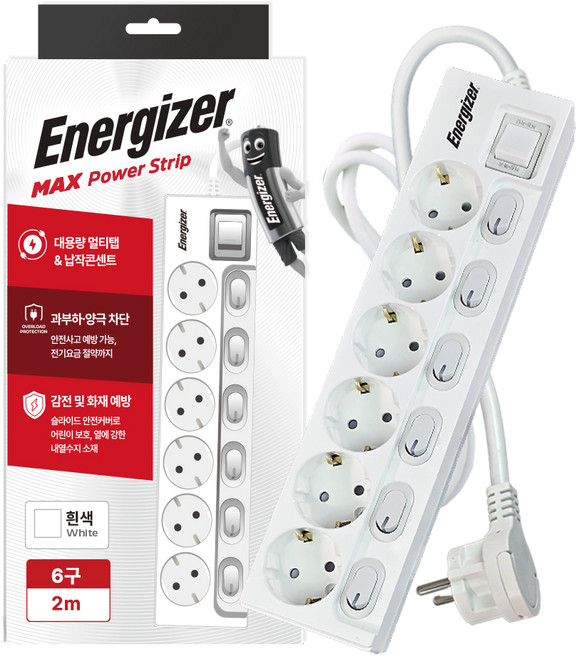 에너자이저 납작플러그 과부하차단 개별스위치 멀티탭 6구 16A, 1개, 화이트, 2m
