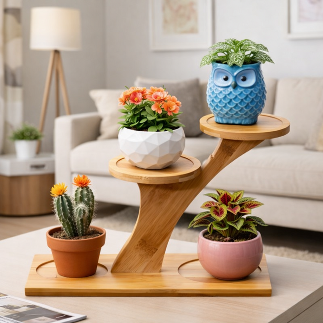 에브라잇 대나무 다용도 화분 선반 긴형, 원목, 2단