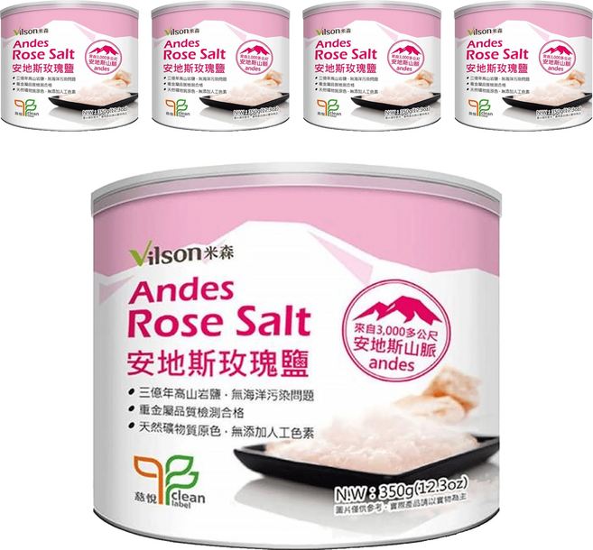 Vilson 米森 安地斯玫瑰鹽 無污染 無添加 無重金屬 含豐富天然鐵質, 350g, 5罐