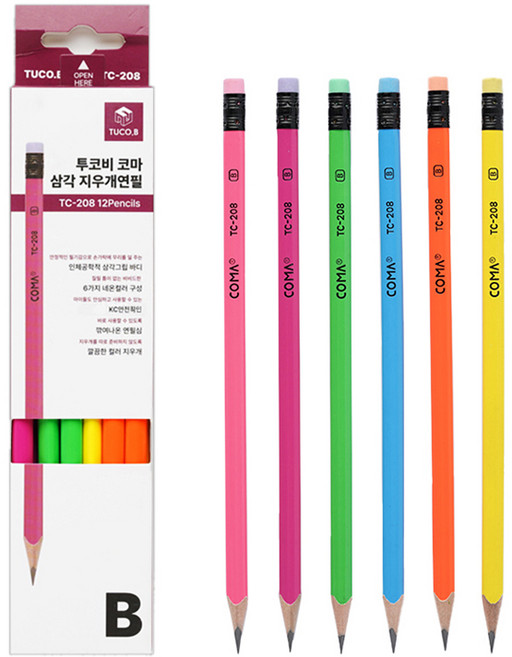 투코비 코마 삼각 지우개 연필 B TC-208 12종, 혼합색상, 1세트