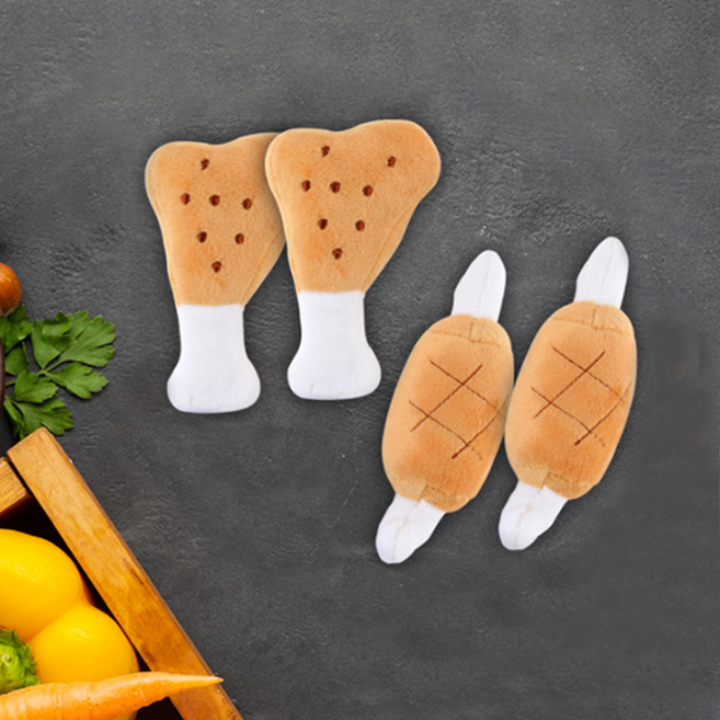 도그아이 애견용 바베큐 봉제 장난감 2종 세트, 닭다리 + 갈비, 2세트