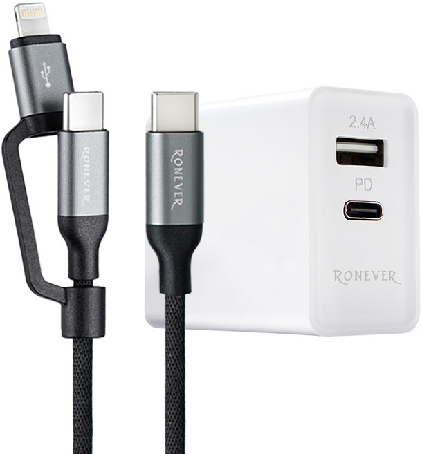 RONEVER 30W 2 Port 1.2m 2-in-1 Cable PD 充電器 Power Delivery Foldable Plug 白色 DE019C