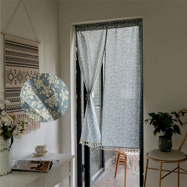 日系棉麻門簾 雙開, 優雅碎花藍色