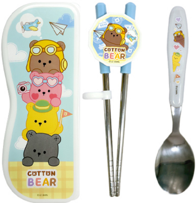 르번 코튼베어 유아용 스푼 + 양손교정 젓가락 + 케이스 세트, 혼합색상, 1세트