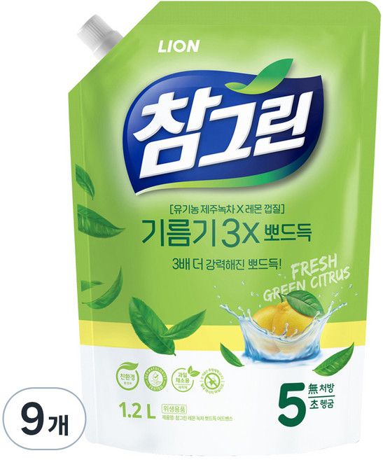 참그린 레몬 녹차 뽀드득 어드밴스 주방세제 리필, 1.2L, 9개