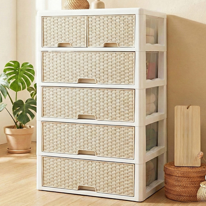 라탄 스마일 양면 서랍장, 화이트베이지, 6개
