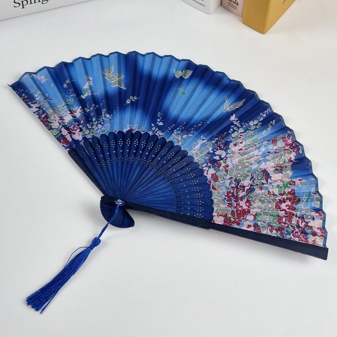 외국인선물 꽃과 나비 수공예 타공 실크 부채, QD0605벚꽃파란색, 1개