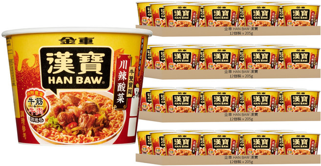 金車 HAN BAW 漢寶 川辣酸菜牛雙寶麵 205g, 48個裝