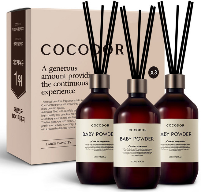코코도르 프리미엄 디퓨저 + 섬유스틱 7p, 베이비파우더, 500ml, 3개