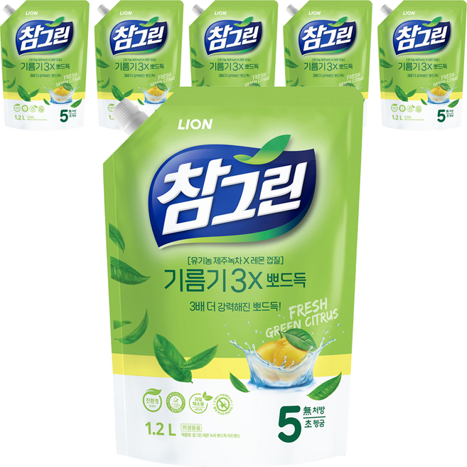 참그린 레몬 녹차 뽀드득 어드밴스 주방세제 리필, 1.2L, 6개