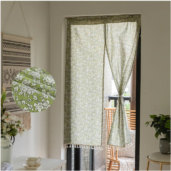 日系棉麻門簾 雙開, 復古碎花綠
