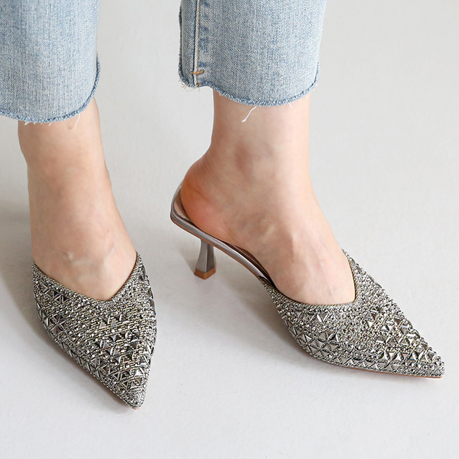 단골언니 여성용 스틸레토 스터드 찡장식 피렌체 뮬 슬리퍼 7cm