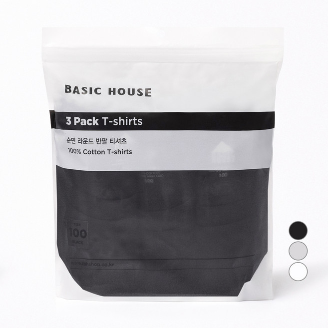 베이직하우스 남녀공용 통기성 순면라운드 30수 반팔티 오리지널팩 3p HATS0101