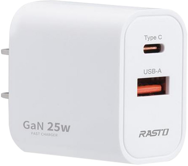RASTO 25W 雙埠 充電器 快速充電 氮化鎵 智能PD + QC3.0 USB-A + USB-C 白色 RB54 適用型號: 智慧型手機 廠商品質保證: 6個月 輸出電流: 3A