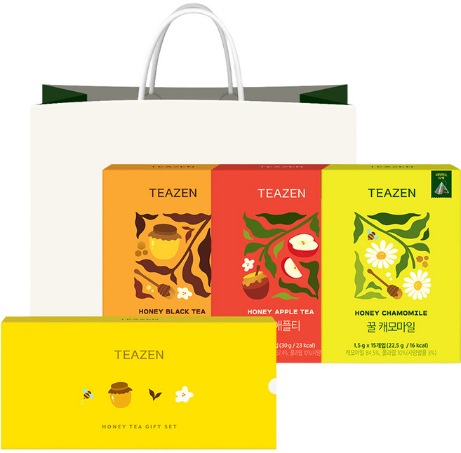 티젠 꿀차 삼각티백 3종 선물세트 + 쇼핑백, 1세트, 홍차 30g + 애플티 30g + 캐모마일 22.5g