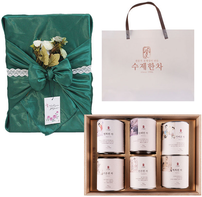 자연애 수제한차 6종 + 보자기 선물 세트 + 투명 쇼핑백 랜덤발송, 수제한차 6종 + 진초록 보자기, 1세트