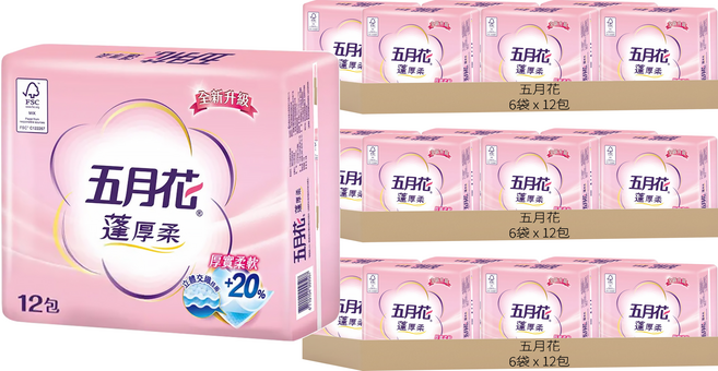 五月花 蓬厚柔頂級抽取衛生紙 100張, 12包, 18袋