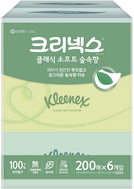 크리넥스 클래식 소프트 숲속향 천연펄프 미용티슈 2겹, 200매, 6개