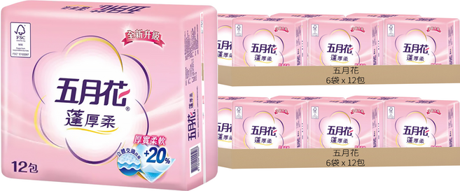 五月花 蓬厚柔頂級抽取衛生紙 100張, 12包, 12袋