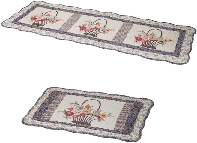 바이데코 순면 워싱 발매트 + 주방매트 세트, 꽃바구니 브라운