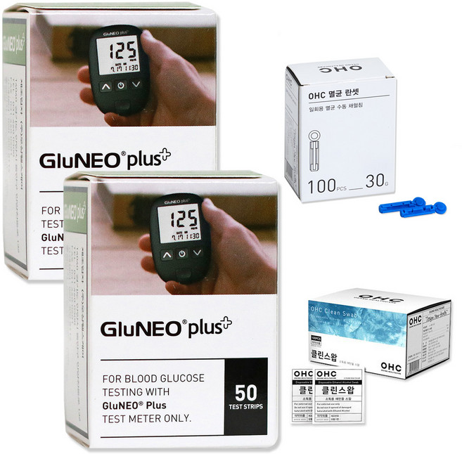 오상헬스케어 글루네오 플러스 혈당측정기 전용 검사지 100p + OHC 멸균 란셋 30G 100개입 + 에스엠클린스왑 100p, 1세트