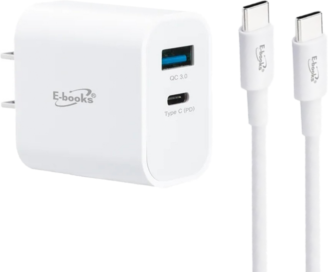 E-books B78 20W PD + 60W 2 Ports USB-C to USB-C 充電器組 充電器 PD + QC3.0 台灣製造 白色