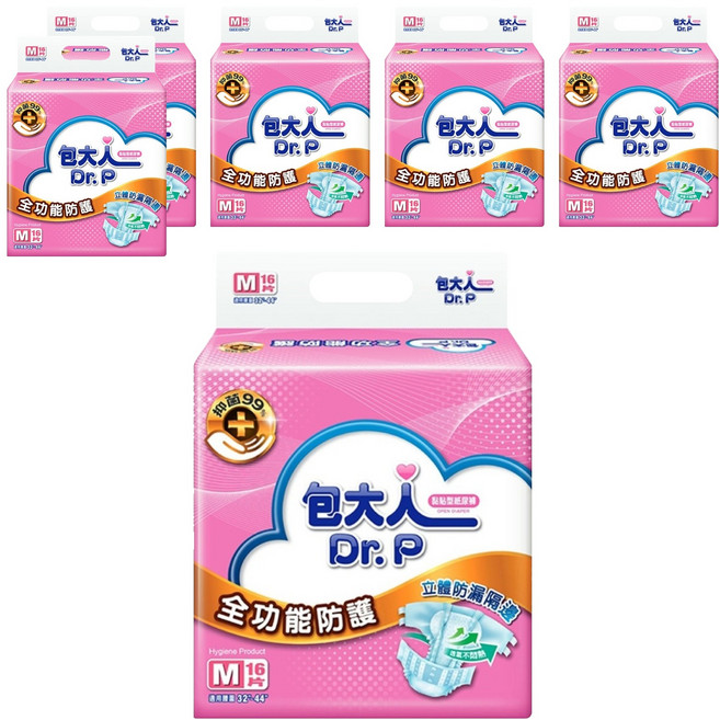 Dr.P 包大人 成人黏貼型紙尿褲 全功能防護, M 腰圍32吋-44吋, 16片, 6包