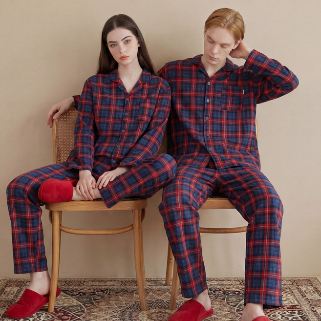 레노마 커플용 체크 스판 9부 잠옷 상하의 세트