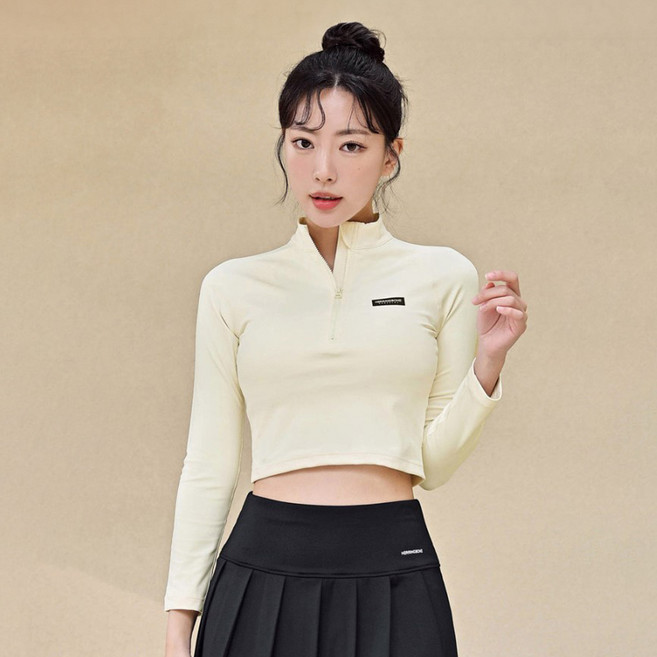 HERRINGBONE apparel 女款半拉鍊半短版泳裝防磨衣長袖上衣 RG357, 象牙白