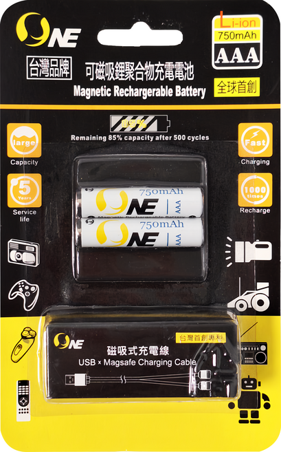 o-one AAA可磁吸鋰聚合物充電電池 10.2 x 10.2 x 44mm, 2入, 1組