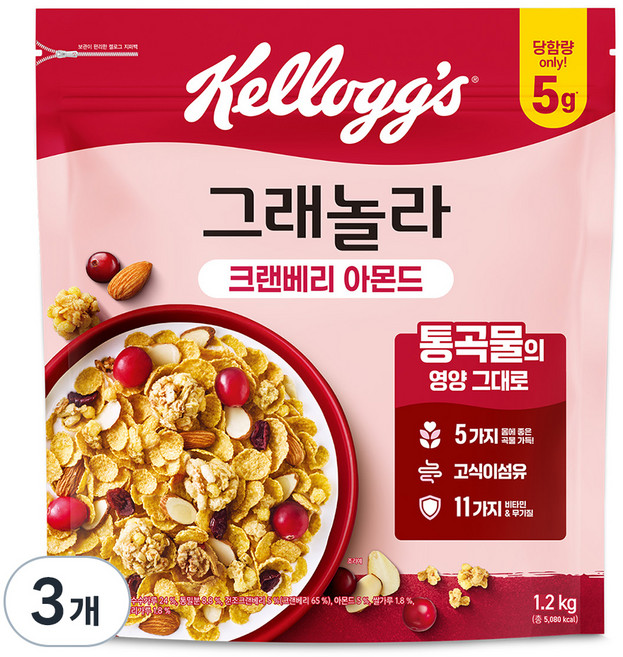 켈로그 크랜베리 아몬드 그래놀라 시리얼, 1.2kg, 3개
