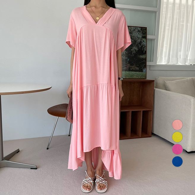 아뗄릭 루즈핏 러플 셔링 롱 린넨 통기성 원피스 00041 빅사이즈 포함