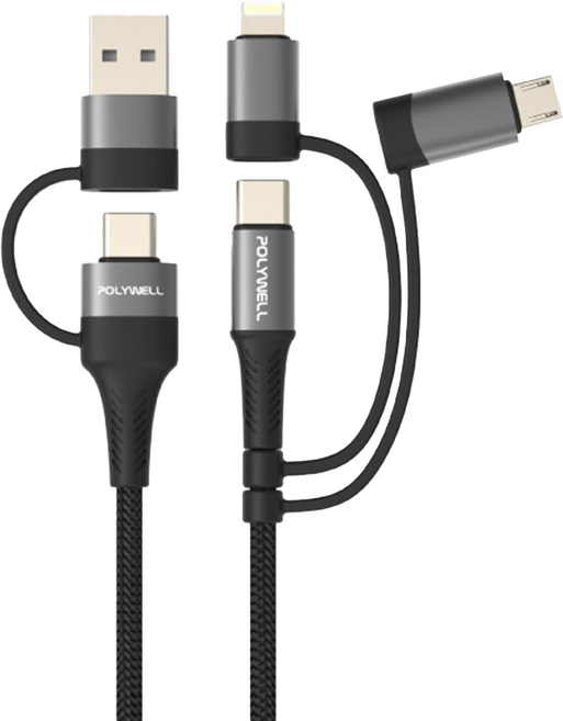 POLYWELL 寶利威爾 五合一PD編織快充線 USB-A + USB-C + Lightning + Micro-B PW15-W45-A309, 1m, 黑色, 1條