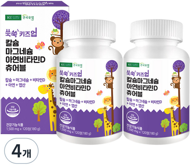 건국유업 쑥쑥 키즈업 칼슘 마그네슘 아연 비타민D 츄어블 180g, 120정, 4개