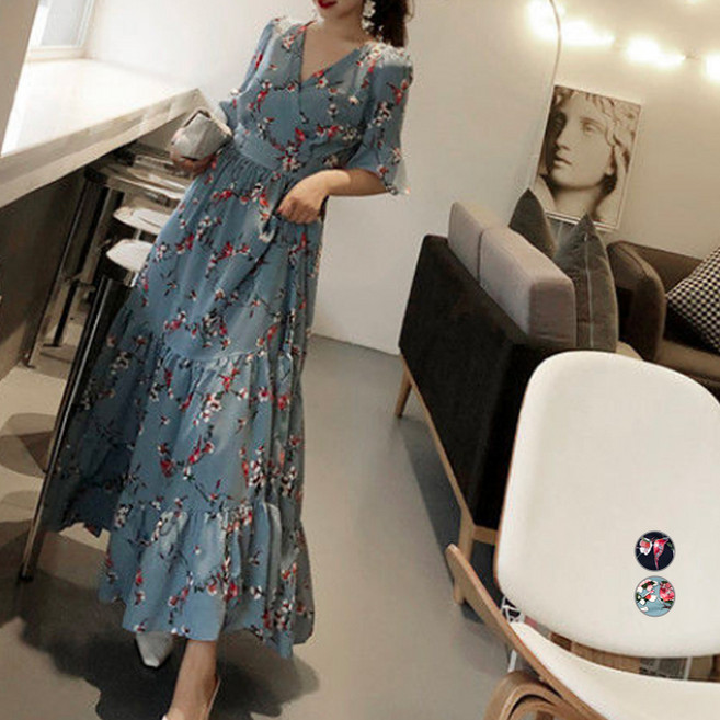 ViVEMO 女款V領荷葉邊印花長版連身裙 00121, 灰色的