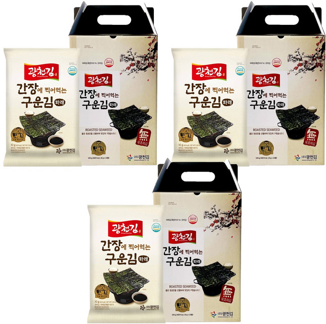 광천김 간장에 찍어먹는 구운 파래김, 100g, 3개
