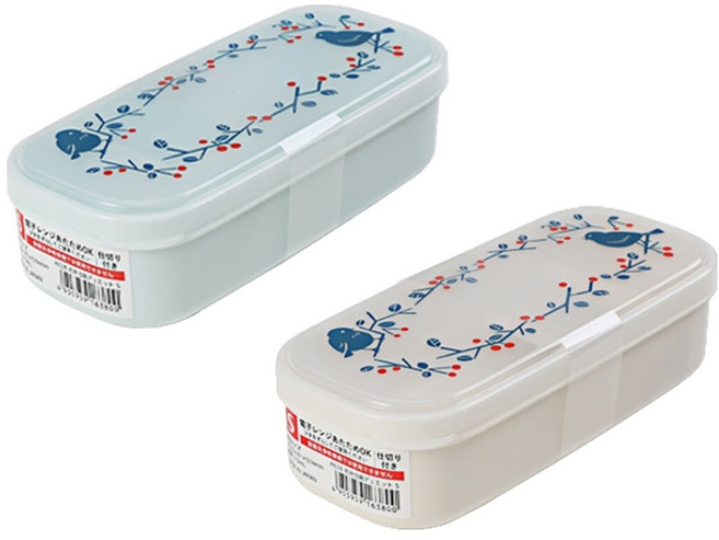 NAKAYA 日本可愛的小鳥棲樹圖案便當盒系列 內附分隔板 長型S(183 x 81 x 51mm) 510ml 2個, 藍色 + 白色, 1組