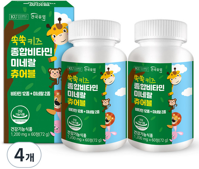 건국유업 쑥쑥 키즈 종합 비타민 미네랄 츄어블 72g, 60정, 4개