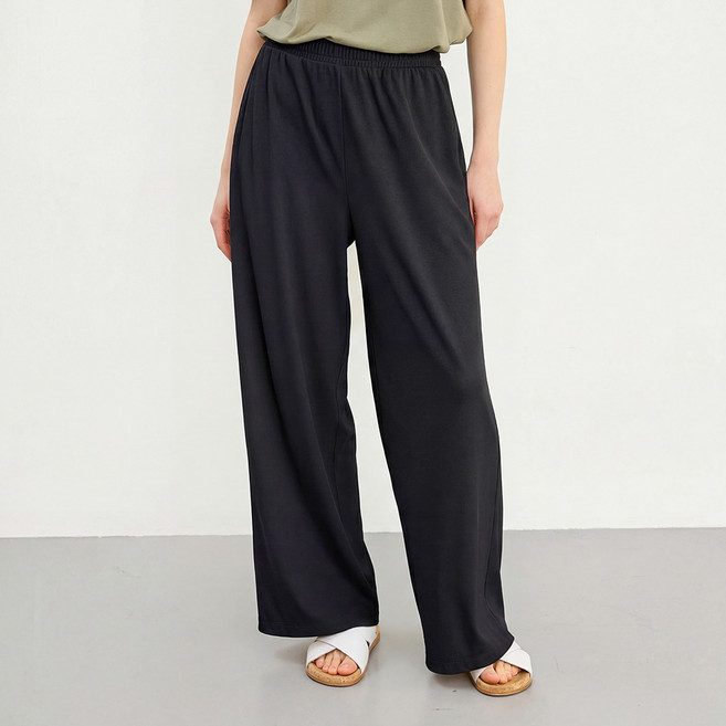 베이직하우스 여성용 찰랑 스판 밴딩 스트링 와이드핏 골지 팬츠