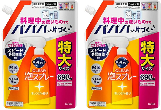 Kao 花王 Cucute 珂珂透 CLEAR 泡沫餐廚具洗碗精補充包 柑橘香, 690ml, 2包