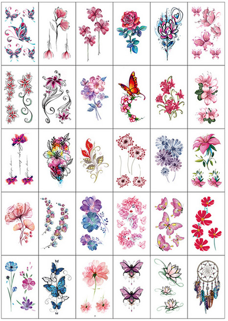 문신 헤나 레터링 타투 스티커 보태니컬 가든 플라워 30종 세트, 혼합색상, 1세트