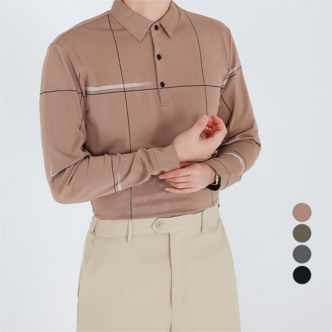 DM 男士中年提花線條翻領長袖T恤