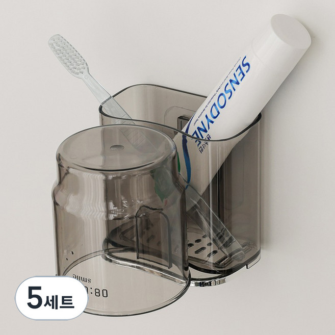 리빙공감 티스 부착형 칫솔꽂이 양치컵 세트, 5세트, 투명그레이