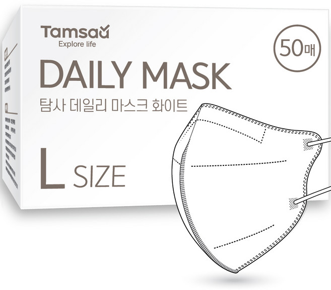 Tamsaa 韓國製造 日常彩色口罩 鳥嘴型 大型 (貼合臉型), 白色, 50入, 1個