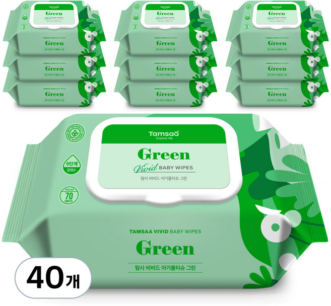탐사 비비드 아기물티슈 그린 엠보싱 캡형 75gsm, 40개, 70개입